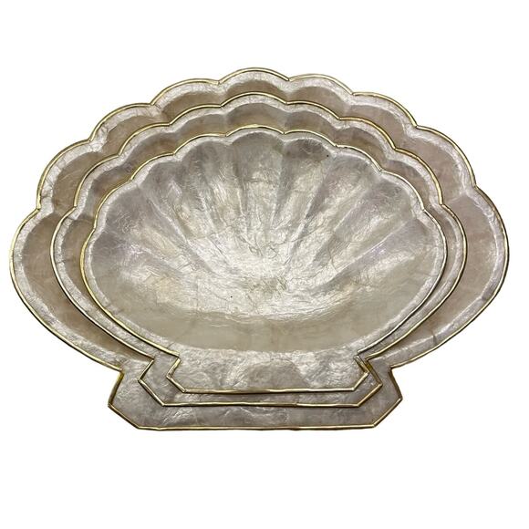 Vintage Set of 3 Capiz Shell Nesting Bowls Trinket Trays Gold Trim Pearlescent - Picture 1 of 8